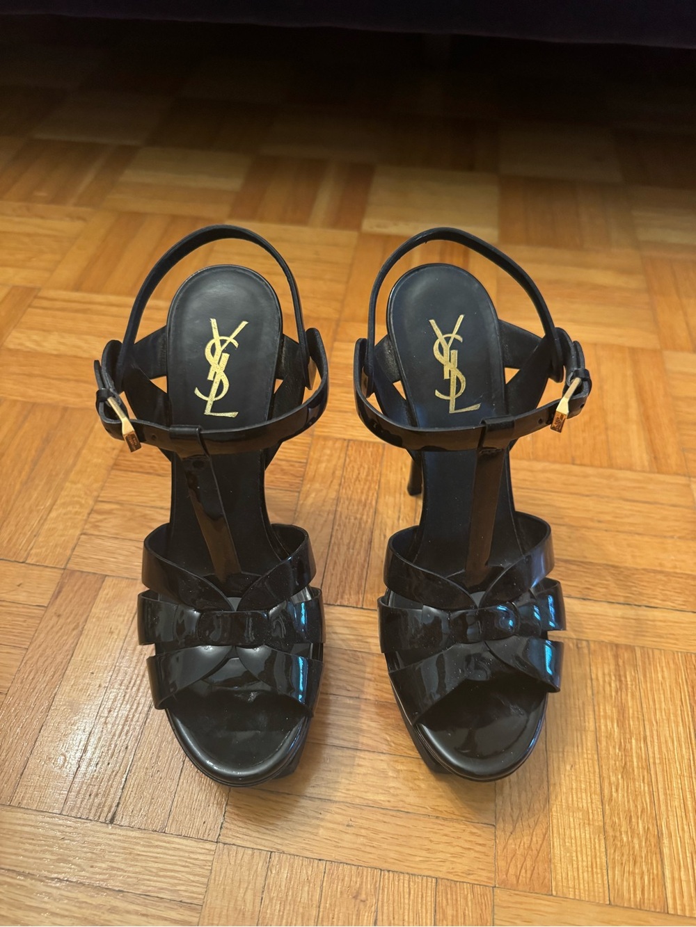 Saint Laurent Black Patent Leather T-Strap Heeled Sandals with Gold Logo